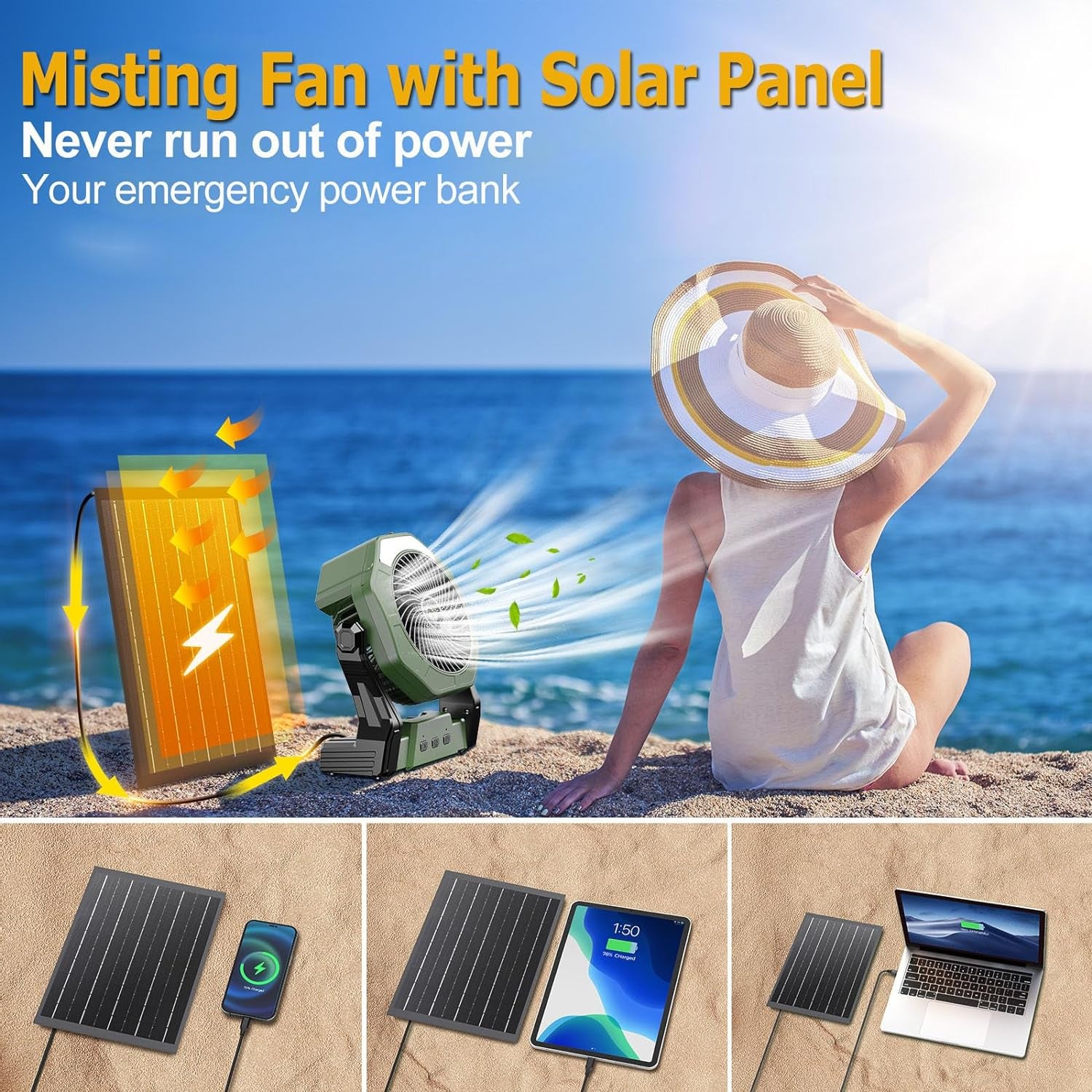  Solar Powered Rechargeable  Misting Cooling Fan & Water Tank.