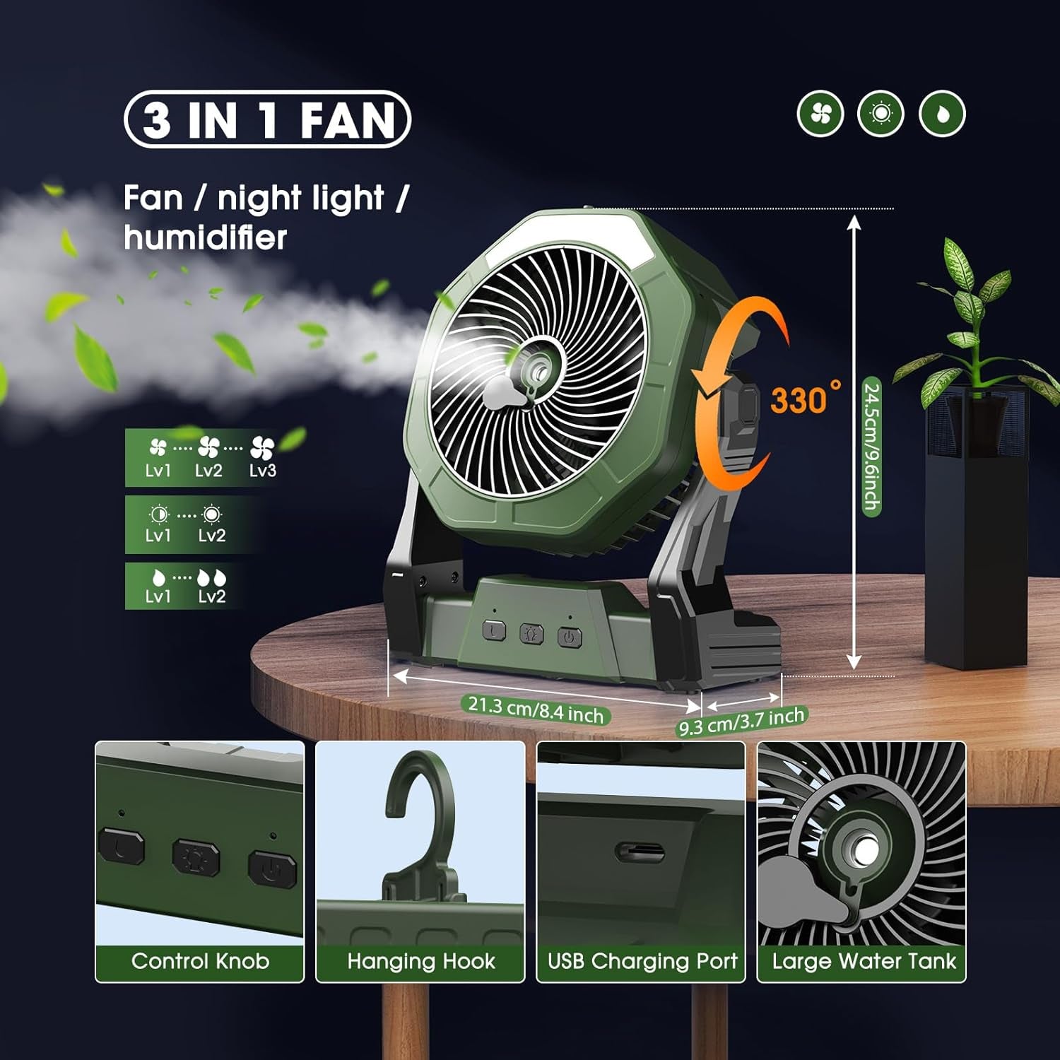  Solar Powered Rechargeable  Misting Cooling Fan & Water Tank.